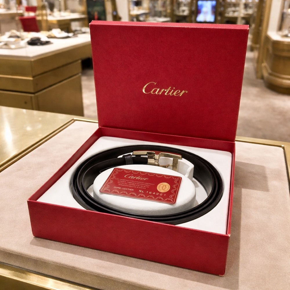 NEW,Cartier Black Leather Belt with Silver Buckle,serial number card. NEW!